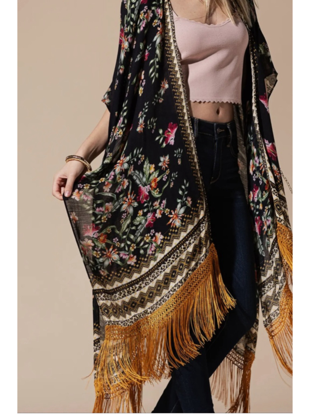 Women's Ruggine Black Floral Ethnic Tassel Kimono - Picture 2 of 8